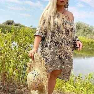 Love Stitch Floral Paisley Toile Peasant Dress Mini Tunic Casual Relaxed